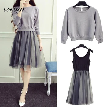 

high quality autumn/winter fashion dresses new sweater knit + net yarn bitter fleabane bitter skirt suit two-piece dress
