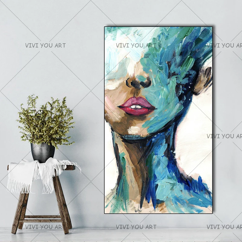 

100% Handmade Large Girl Picture Oil Painting On Canvas Abstract Blue Face Figure Oil Painting For Living Room Decor Wall Art