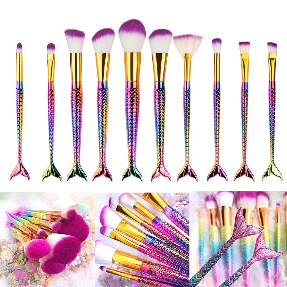

6/10PCS Pro Mermaid Makeup Brushes Set Foundation Blending Powder Eyeshadow Contour Concealer Blush Comestic Beauty Make Up Kits
