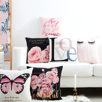 

New Cotton Linen Pillow Cover Pink Penoy Butterfly Love Floral Cushion Cover Home Decorative Pillow Case 45x45cm/55x55cm