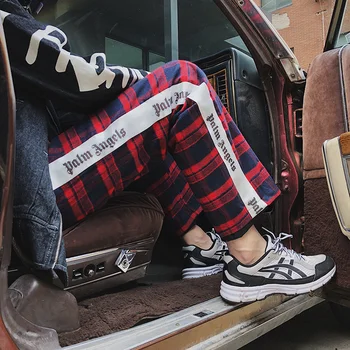 

Autumn New Men's Fashion Personality Solid Color Cotton Simple Lattice Popular Loose Youth Wild Straight Casual Trousers