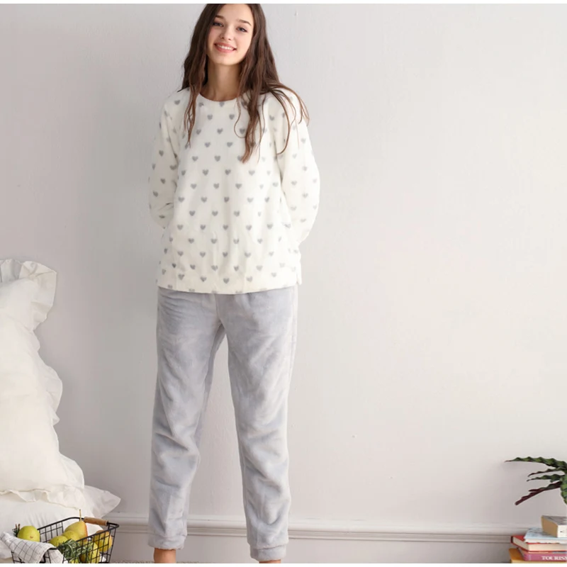 Фланелевый зимний женский пижамный комплект Coarl, бархатный пижамный комплект с круглым вырезом и длинными рукавами, толстые теплые