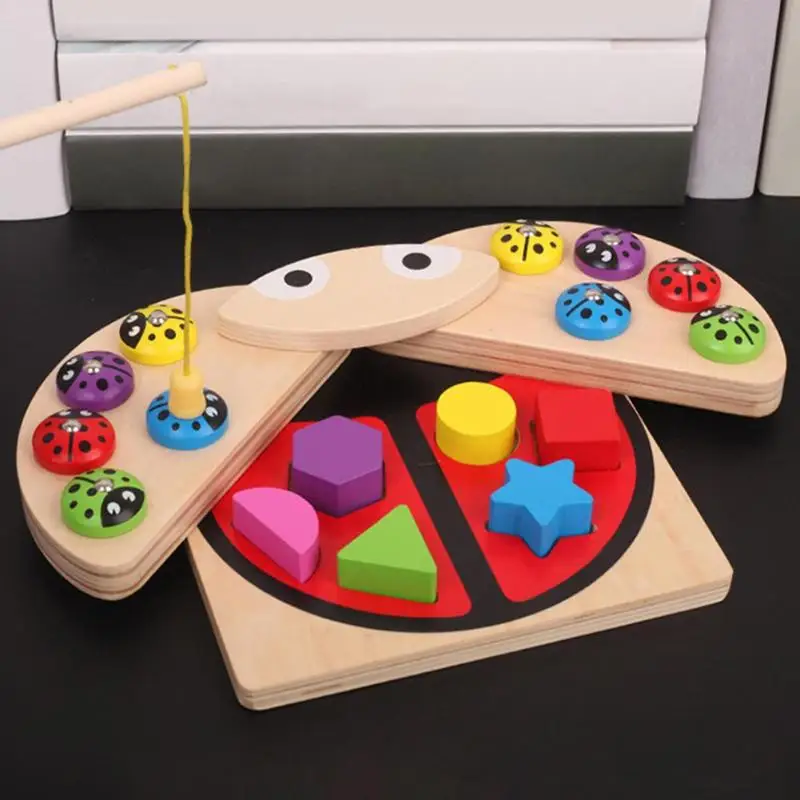 Baby Fishing Toy Set Children Magnetic Wooden Puzzle Catch Ladybug Game Baby Color Shape Cognitive Education Toys Early Learning