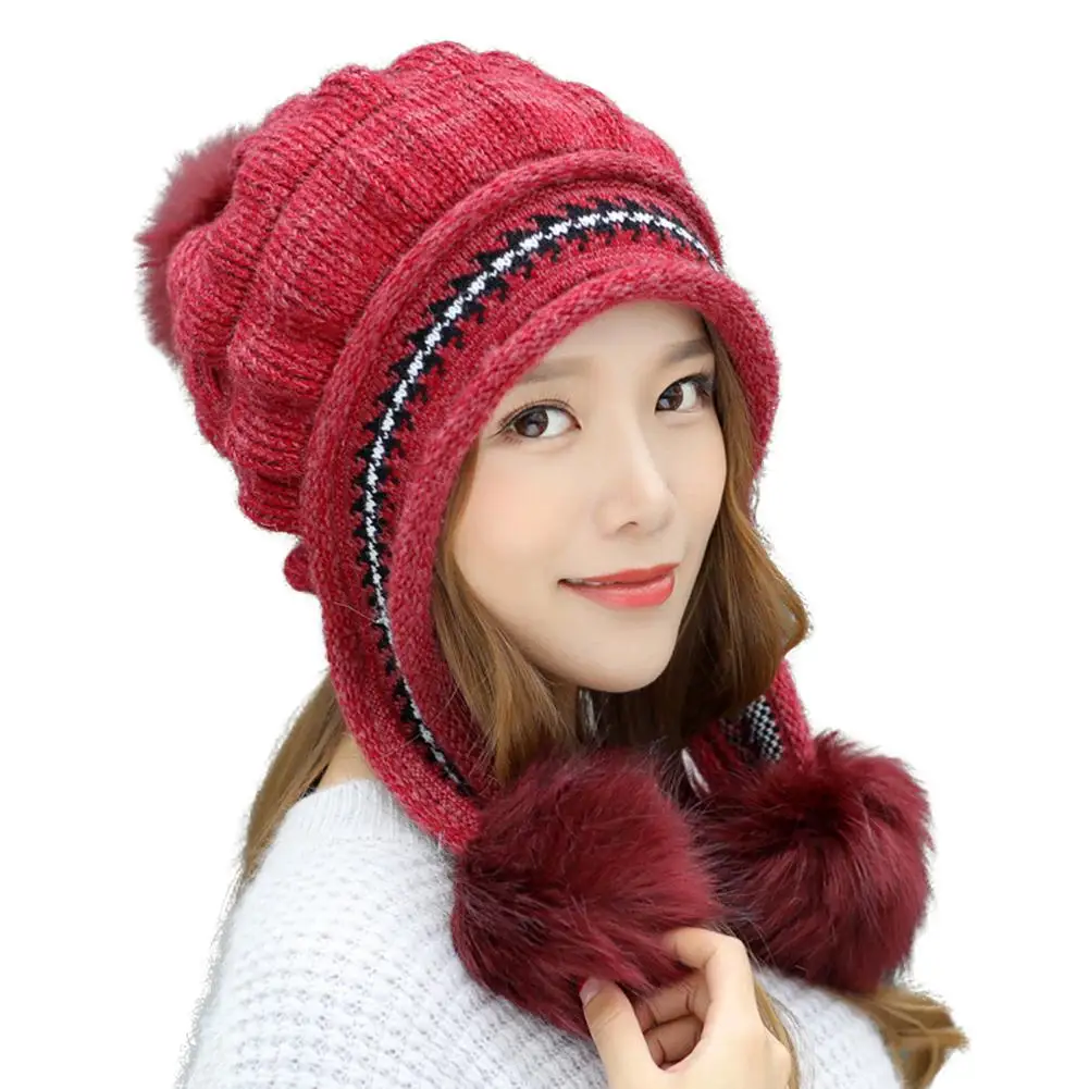 Новые уличные зимние для женщин помпоном ушанки флисовая подкладка теплая Шапка-бини вязаная шапка
