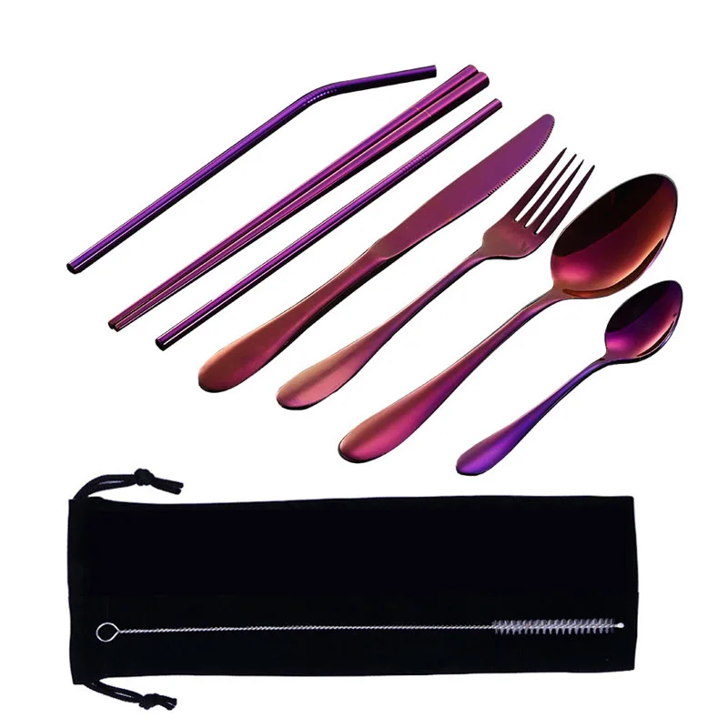 9 шт. портативный набор посуды из нержавеющей стали многоразовый вилка ложка нож соломинка щетка для чистки кемпинга путешествия набор столовых приборов с мешочком - Цвет: Purple