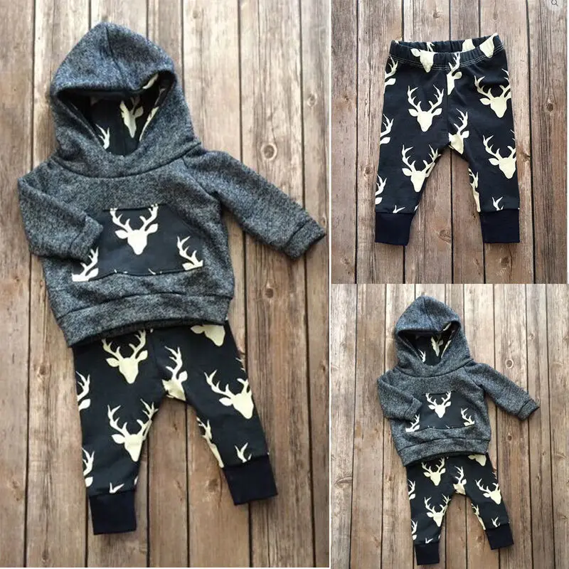 Комплект одежды для мальчиков и девочек комплекты теплых топиков с капюшоном с изображением оленя+ Чулки одежда с рисунками животных для малышей - Цвет: Темно-серый