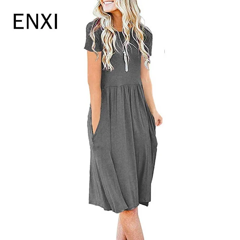 

ENXI 2019 Summer 10 Colours Maternity Dresses Women's Short Sleeve Pocket High Waist Fold Leisure Time Horn Dress