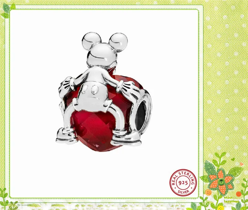 Сказочные бусины цвета фуксии Desney Mikey Mice Love Heart для женщин, изготовление ювелирных изделий, сделай сам, подходят для PANDORA, подвески, серебро, 925, FL740