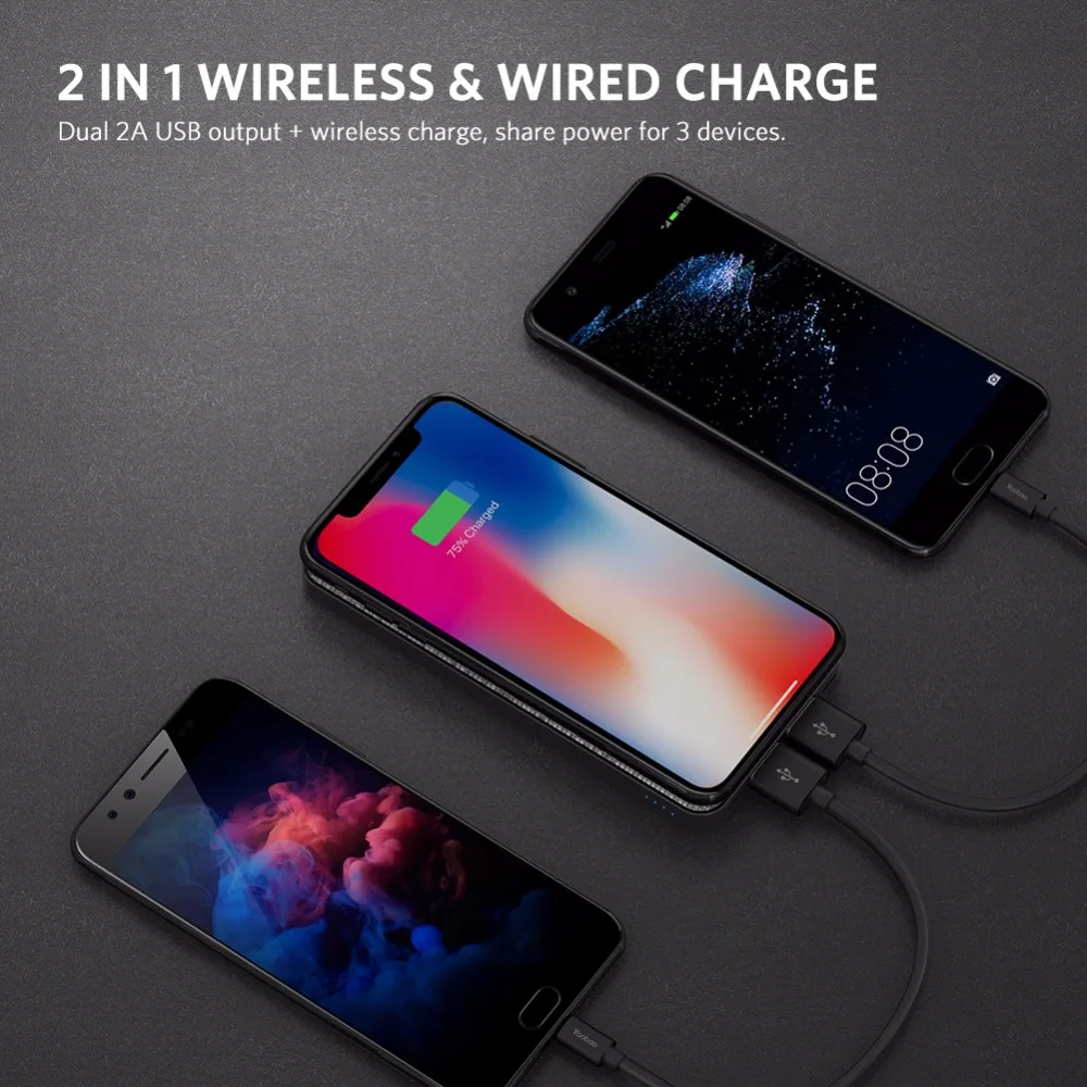 Yoobao W5 Qi беспроводная зарядка 5000mAh повербанк с двумя USB выходами/входами
