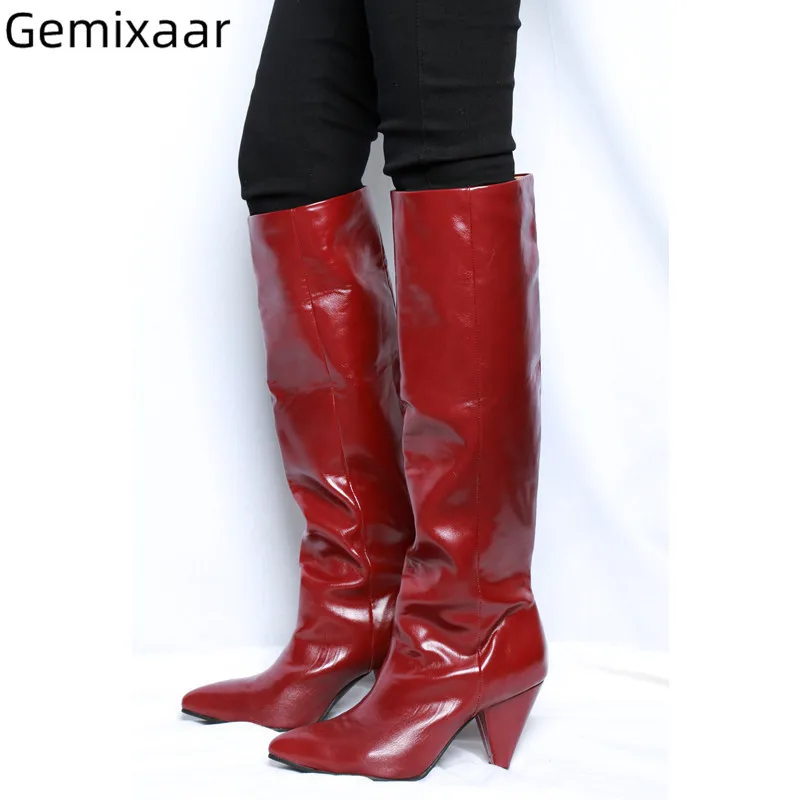 

Red Real Leather Shoes Woman Point Toe Chunky Spike High Heel Bootes Autumn New Sale Comfy Genuine Leather Knee High Boots Woman