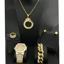 Роскошные мужские часы в Кубинском стиле хип-хоп с бриллиантами, ожерелье, браслет, серьги и кольцо, комбинированный набор с бриллиантовым кулоном, модный ремешок для мужчин