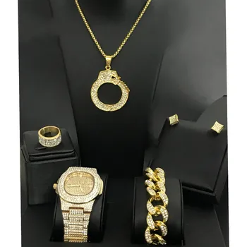 

Luxury Men Gold Color Watch & Necklace & Bracelet & Earrings & Ring Combo Set Ice Out Cuban Necklace Chain Fashion Band For Men