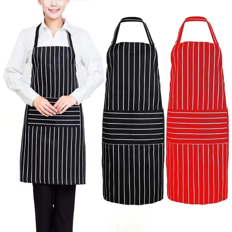 Plain Stripe Kitchen Long Apron with Front Pocket for Women Men Useful