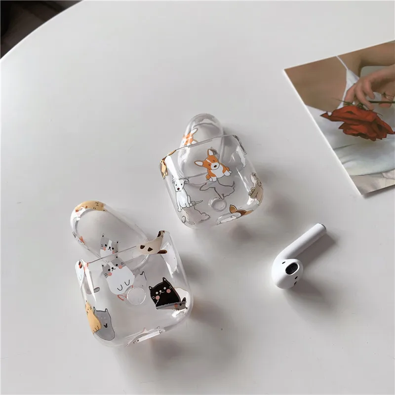 Жесткий чехол из поликарбоната для Apple AirPods с мультяшным котом и собакой, зарядная коробка, Bluetooth наушники, прозрачный защитный чехол для AirPods, чехол