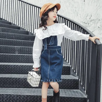 

2018 denim strap dresses +white blouse teenage girls clothing sets