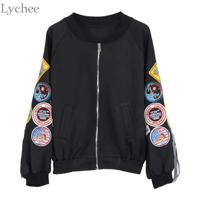 

Lychee Spring Autumn Women Jacket badge Embroidery Ribbon Zipper Loose Long Sleeve Casual Loose Coat