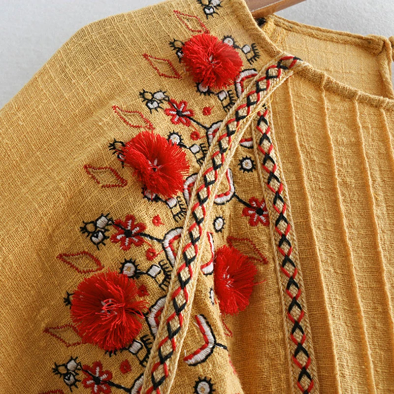 Vintage Yose Bordado Yellow Tops Manga Blusa Floral Khale 2019 Boho Mujer De Amarillo Larga Paginas Camisa Lino Hippie SYwxqf1