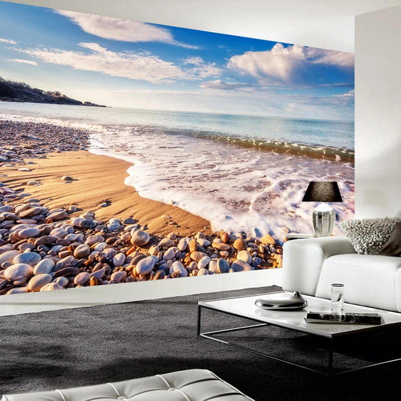 Large Custom Mural Wallpaper Modern 3D Beach Waves Stones Nature