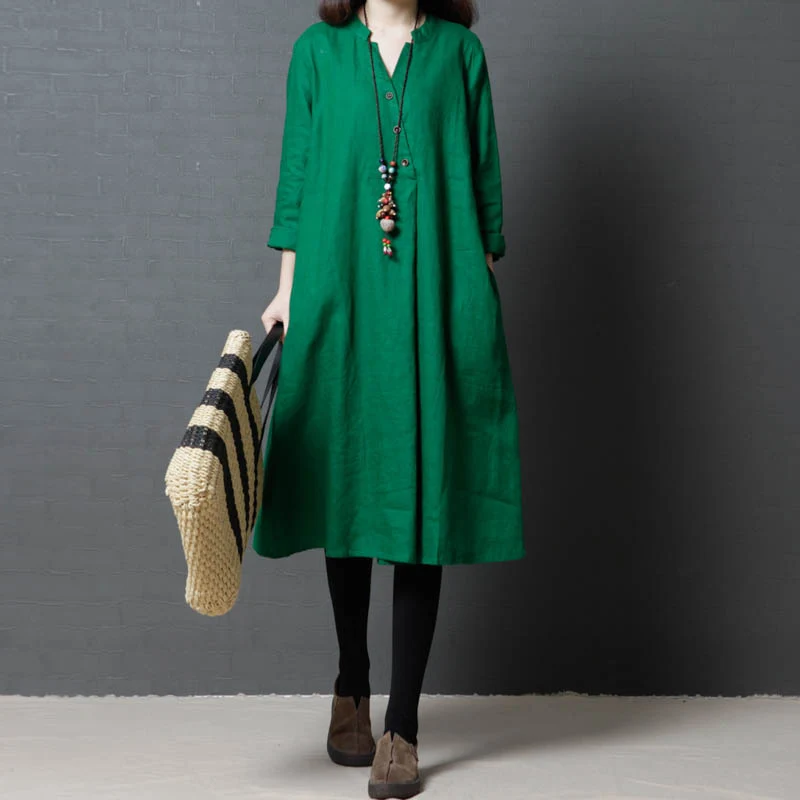 

Women's Cotton Linen Plus Size Loose Dress Summer 3 Colors Thin Medium Length Long Sleeve V-Neck Dress