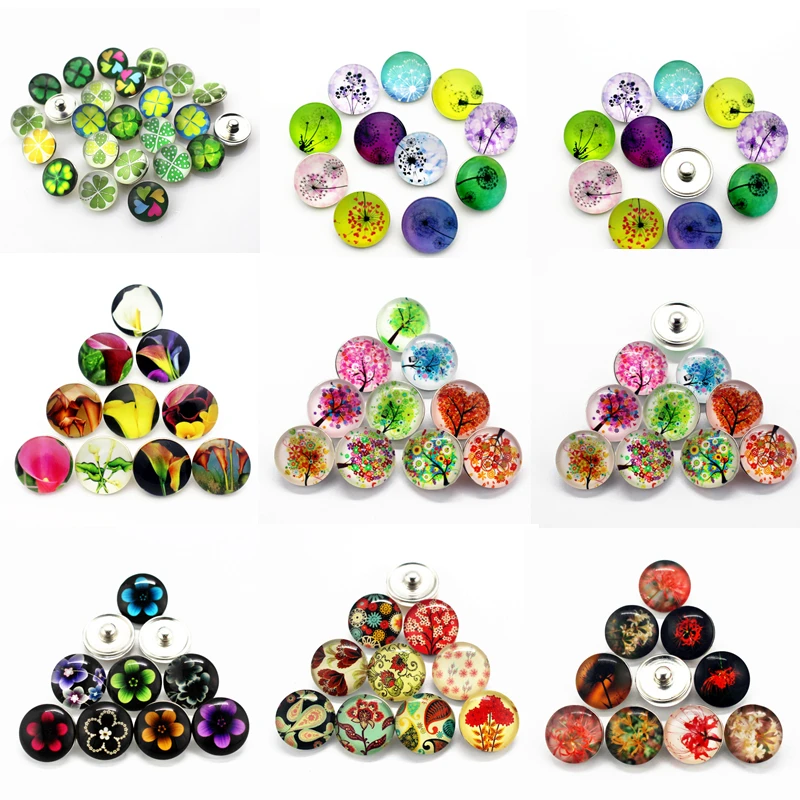 

High Quality 12pcs/lot botany clover flower life tree Glass Snap Buttons Charms Fit Ginger Snap Bracele & Bangles Snap Jewelry