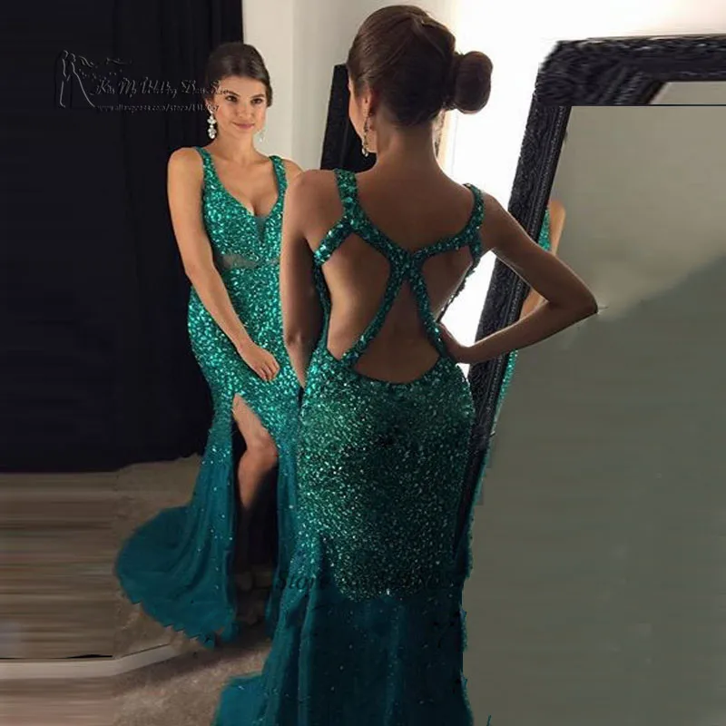 Green Gold Crystals Evening Dresses Long Mermaid Prom Dress 2017 Formal Special Occasion Gowns Criss-Cross Split Robe de Soiree