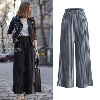 

2018 Spring Summer New Arrival Women's Nine Points Pants Large Yards Loose Pants Elastic Waist Pleat Plus Size Ninth Pants