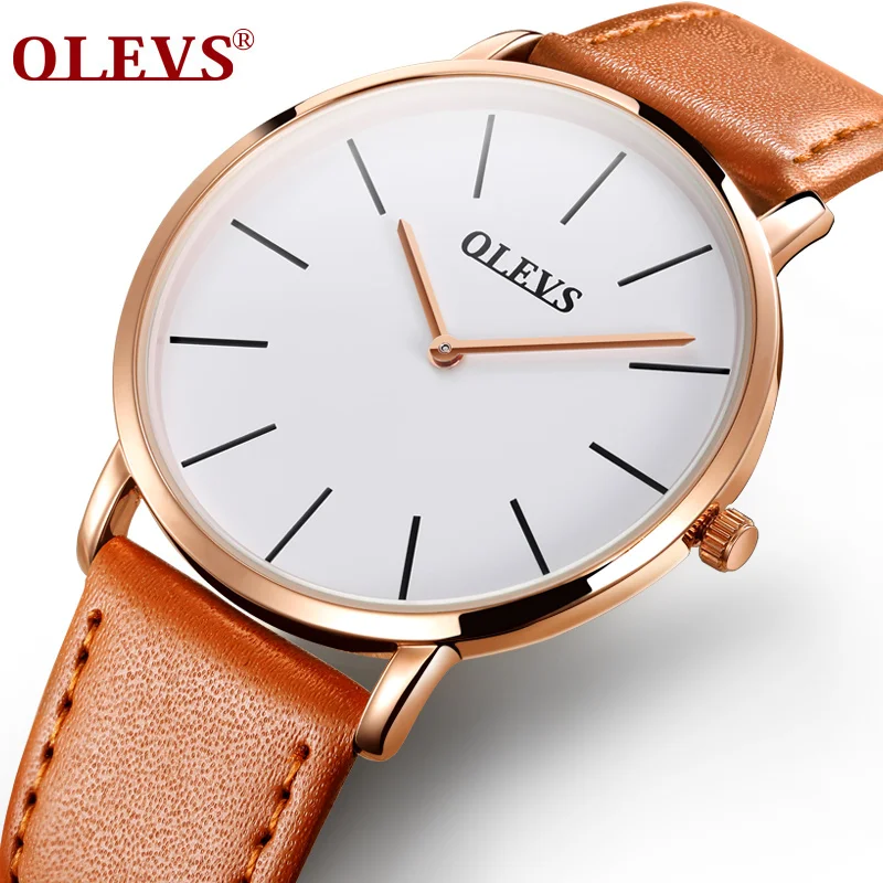 OLEV Simple Ultra Thin Reloj de Cuarzo Reloj de Los Hombres Masculinos Señoras Del Reloj de Oro Rosa Caso Del Color Marrón Correa de Cuero Impermeable Reloj de Pulsera