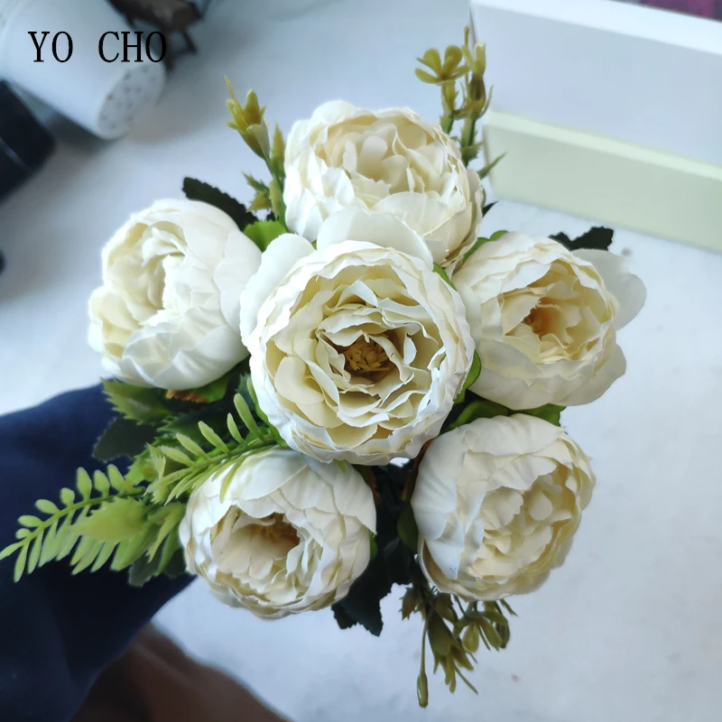 YO CHO 6 Heads Peony Bouquet Artificial Flower High Quality Silk White Roses for Wedding Decoration China Fake Plastic Flowers