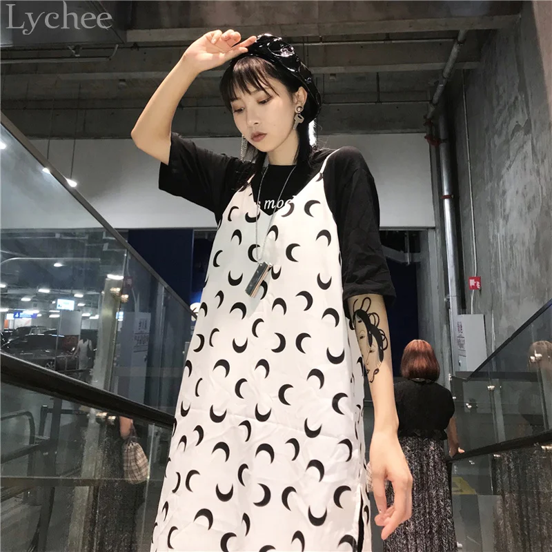 Lychee сладкий луна печати асимметричное платье без рукавов V шеи Летние Платья