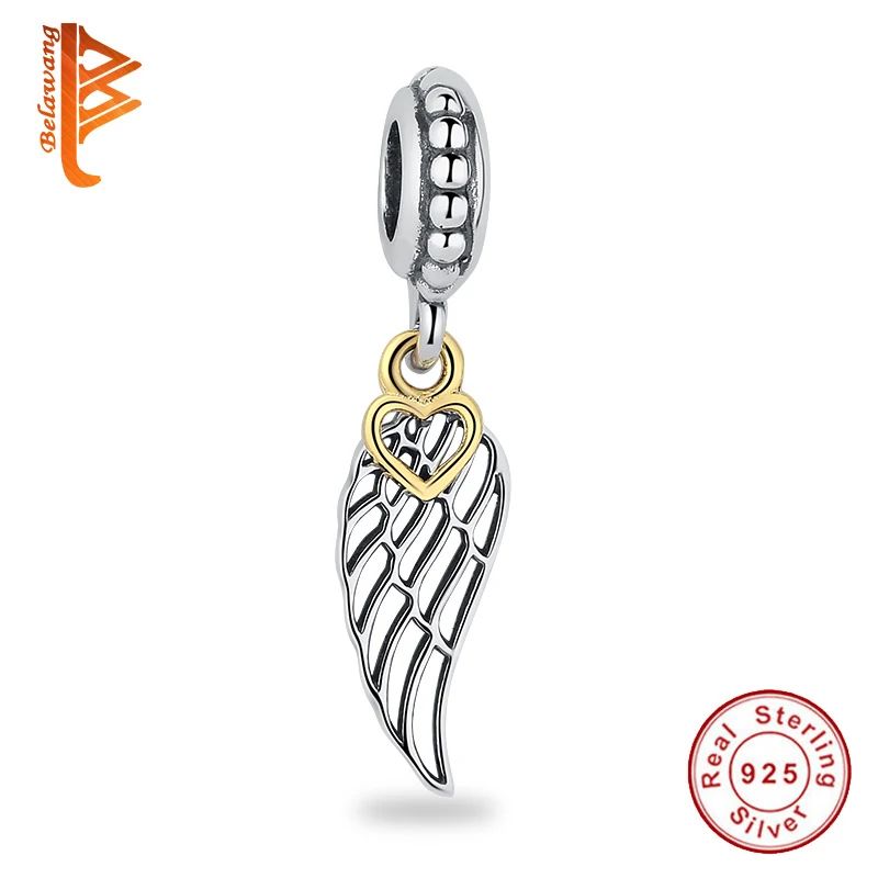 

BELAWANG Real 925 Sterling Silver Bead Feather Wings Heart Charms Fit Original Bracelet Necklace Women Jewelry Making