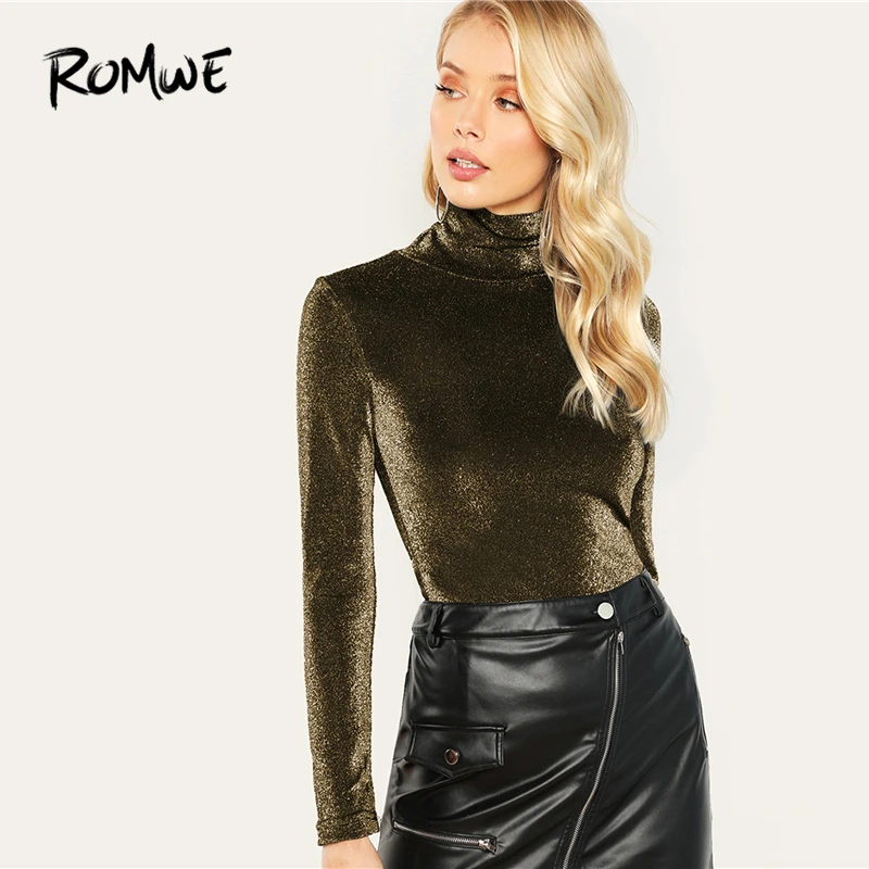 

ROMWE High Neck Glitter Tee 2019 Fashion Cool Gold Womens Clothing T Shirt Casual Slim Fit Spring Autumn Long Sleeve Women Top