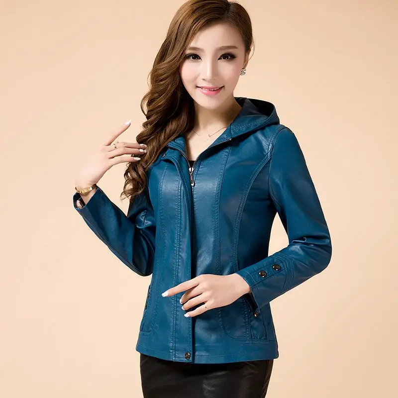 Черная Новинка, элегантная осенне-зимняя кожаная куртка, женская короткая куртка с капюшоном, PU кожаная куртка, Женская мотоциклетная верхняя одежда QH0858 - Цвет: Синий
