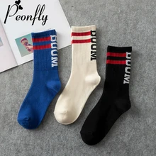 PEONFLY высокого качества в стиле Harajuku скейт повседневные носки для детей fun-стрит хип-хоп носки с буквами Для женщин цельная цветная печать с двумя полосками Носки