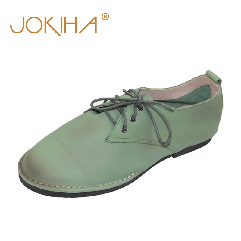 

2019 Mori Girls Style Women Loafers Shoes Cow Leather Spring Ladies Brogue Shoes Green Fashion Lace Up Woman Oxfords Shoes Real