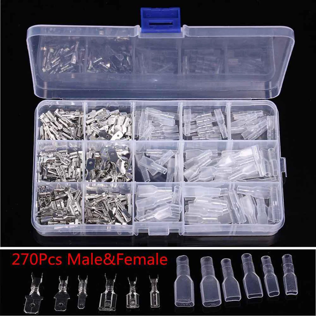 

270PCS 2.8/4.8/6.3mm Non-Insulated Mixed Male And Female Spade Crimp Terminal Connector Kit With Storage Case