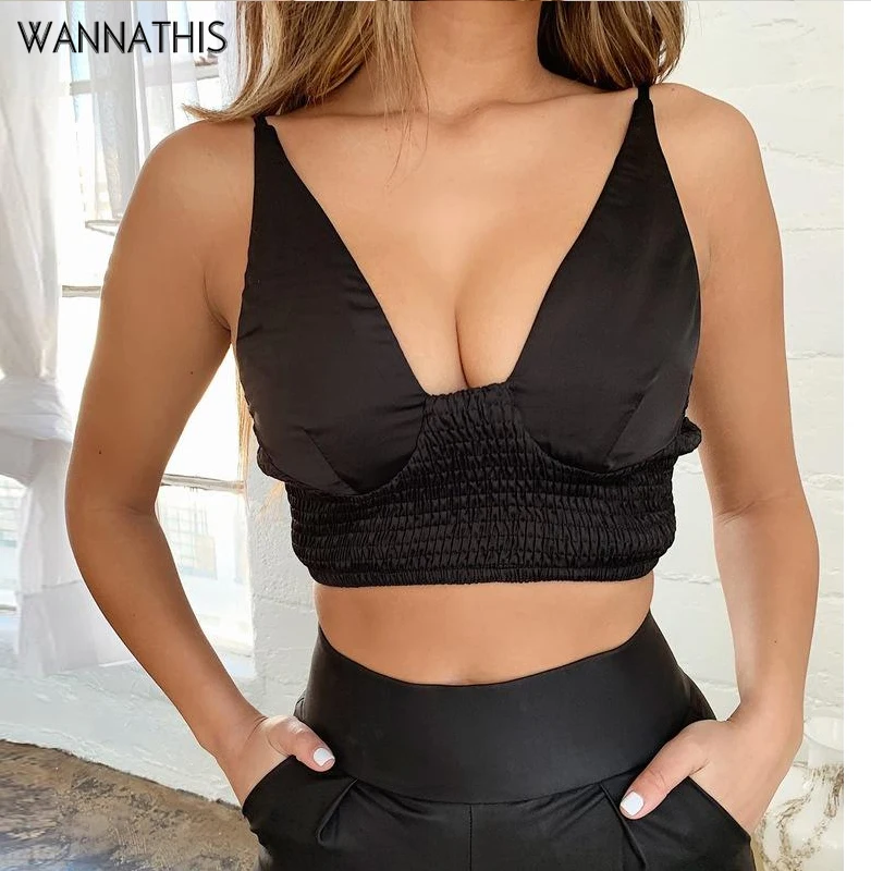 

WannaThis 2019 Summer Women Crop Tops Sleeveless V-Neck Tanks Camis Satin Sexy Tops Bustier Black Black Bolid Camisole