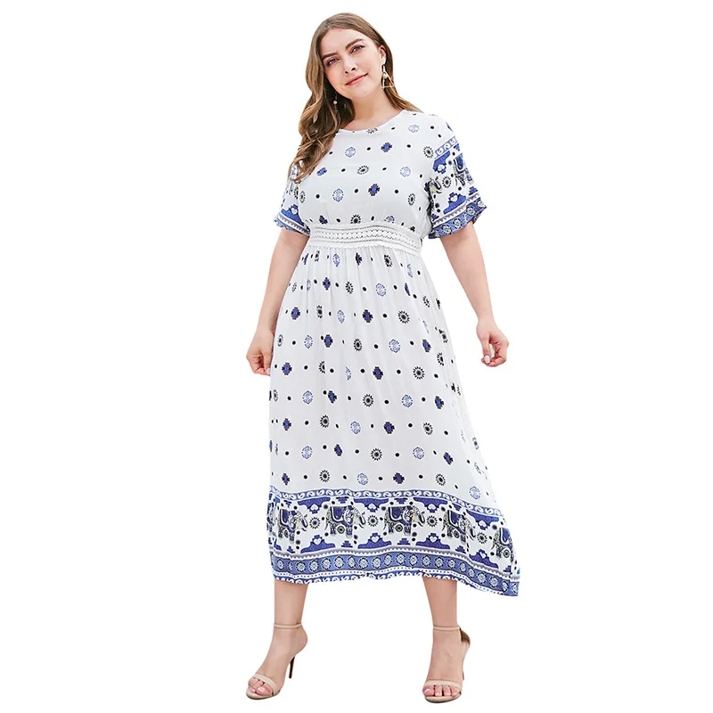 

WHZHM Plus Size 3XL 4XL Printed Sexy Dress Women O-Neck A-Line Party Summer Vestidos Party Casual Backless Tunic Dress Ladies