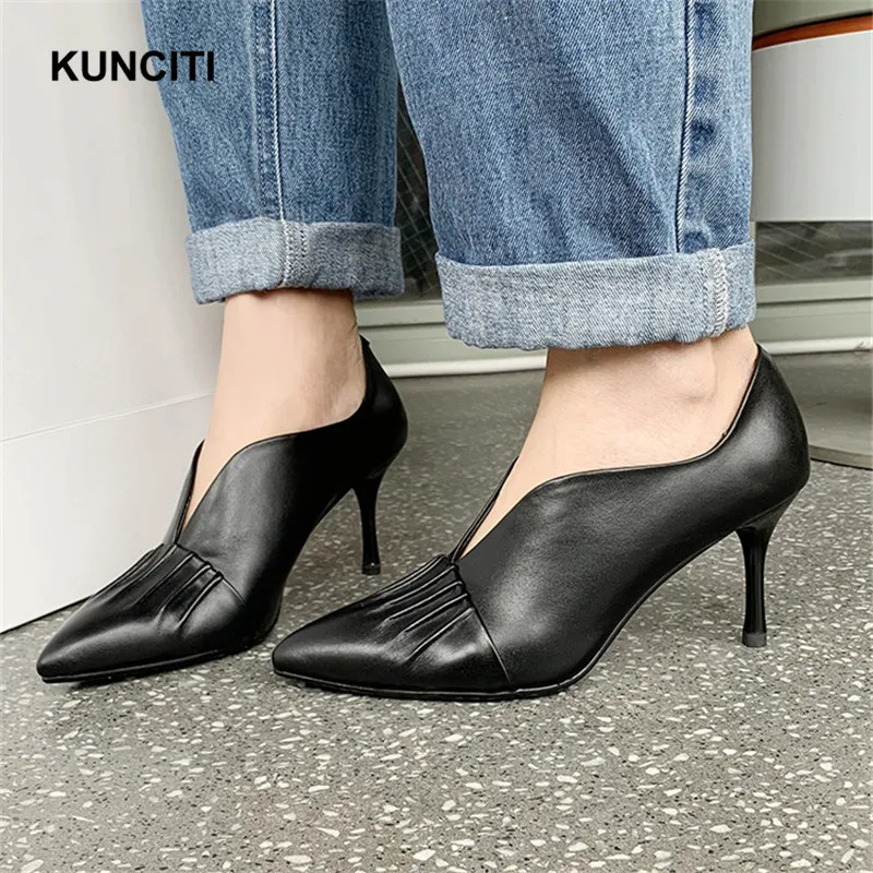 Talons Mode Femmes Véritable Cou Hauts Sexy Chaussures black Nouveau Plissée V Pompes Dames G914 Beige 2019 En Cuir Bout Designer Pointu À gCw4nq