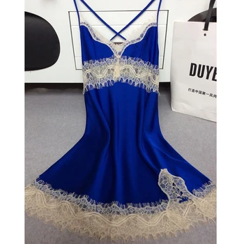 

Solid Satin Eyelash Lace Women Nightgowns Summer Nightdress Sheer Chemises Nightshirt Sleepwear Sexy Nightwear Trim Nightie