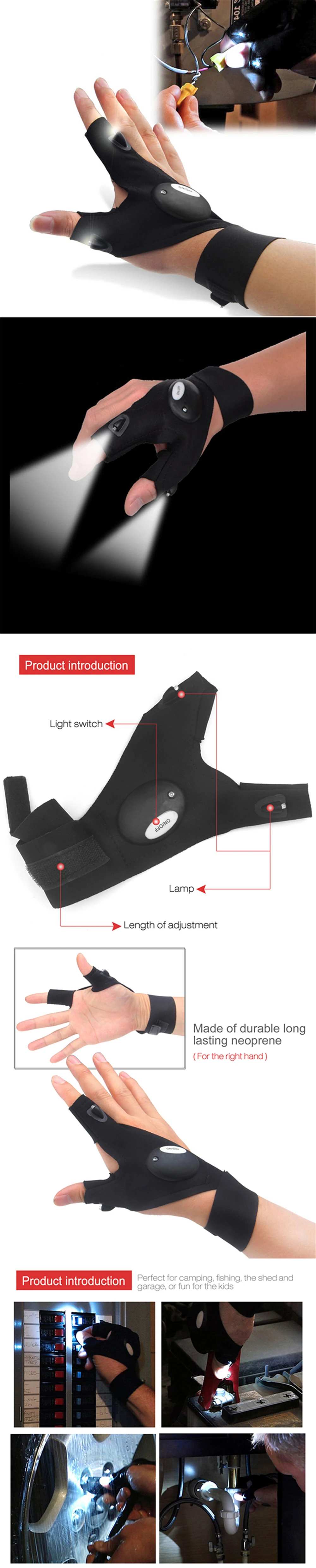 Рыболовные магические светодиодный перчатки с ремешком, перчатки без пальцев, светодиодный фонарик, фонарь, Чехол для кемпинга, походные лампы, многофункциональные, для правой руки