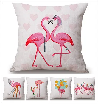 

Pink Flamingo Pillow Cover Love Kiss Home Decor Cushion Cover Linen Cotton Throw Pillows Pillowcase Pillowsham 17"