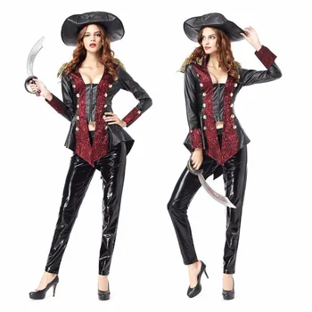 

CFYH High Quality Caribbean Pirate Costumes For Women Lady's Erotic Sexy Low Chest PU Pirate Cosplay Sexy Halloween Costumes