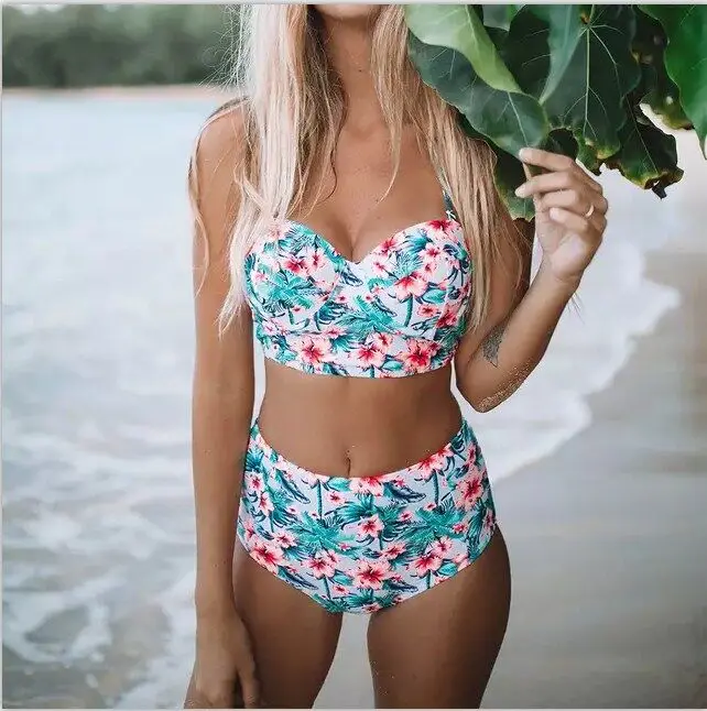 2019 Sexy bikini Set High Waist Swimwear Women Printed Biquini Swimming Bathing Suit Swimsuit Vintage Bikinis plus size XXL |