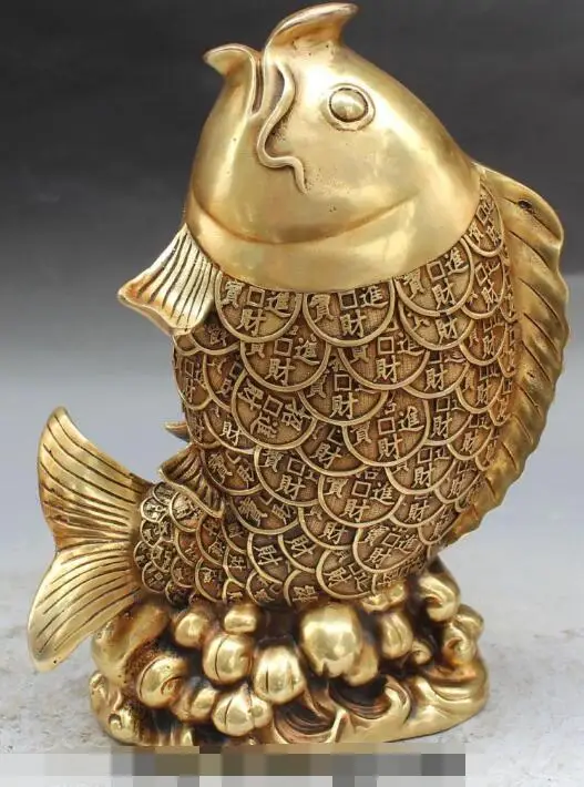 

S01952 12" Chinese Fengshui Bronze Wealth Money Fish Goldfish Barracuda Animal Statue B0403