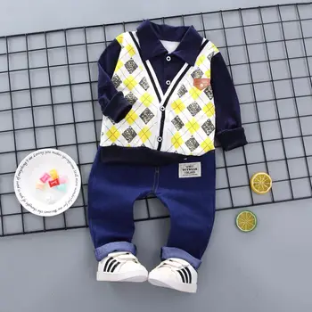 

Spring Baby Boy Clothes Set Cotton Fake 2 Pieces Design Long Sleeve Floral Shirt Tops Denim Pants Trousers Outfits Set