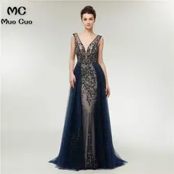 Роскоши 2018 Темно-синие платья выпускного вечера долго с бисером vestido de festa глубокий v-образным вырезом из бисера Формальные Вечеринка платье