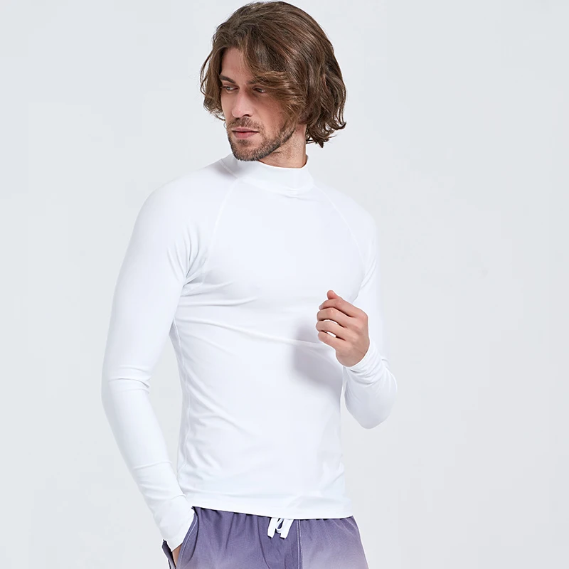 Mens Basic Skins UPF 50+ Long Sleeve Sun Rashguard Shirt Tops Swimming Surfing Snorkeling Diving Tee Basic Layer Wetsuit White