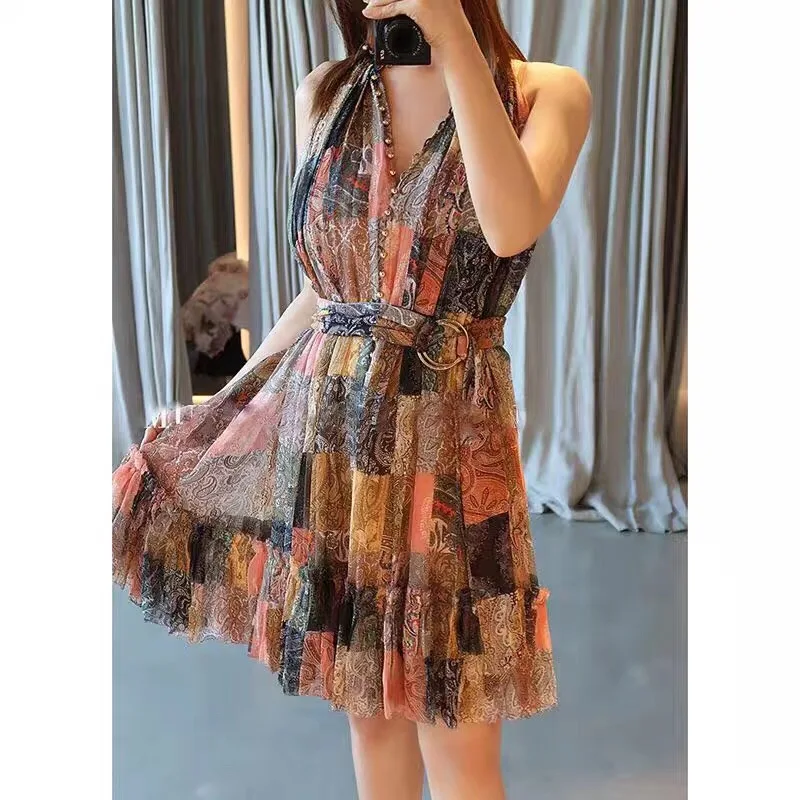 

EXCOSMIC Women Formal Party Dress Runway Embroidery Elegant Patchwork Dress High Quality Petal Sleeve Dress 2019SS