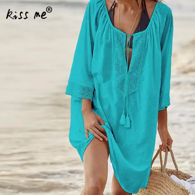 Vintage Drawstring Beach Dress with Tassels Loose Beach Cover Up Cotton