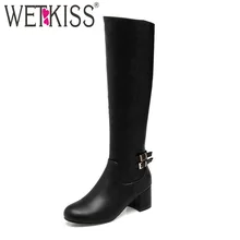 WETKISS/; рыцарские сапоги до колена; женские теплые зимние сапоги из плюша; обувь на толстом каблуке с пряжкой и ремешком; женская обувь; большие размеры 34-43